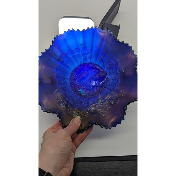 Vintage Northwood Peacocks on Fence Electric Blue Bowl Ruffle Sawtooth - Picture 6 of 16